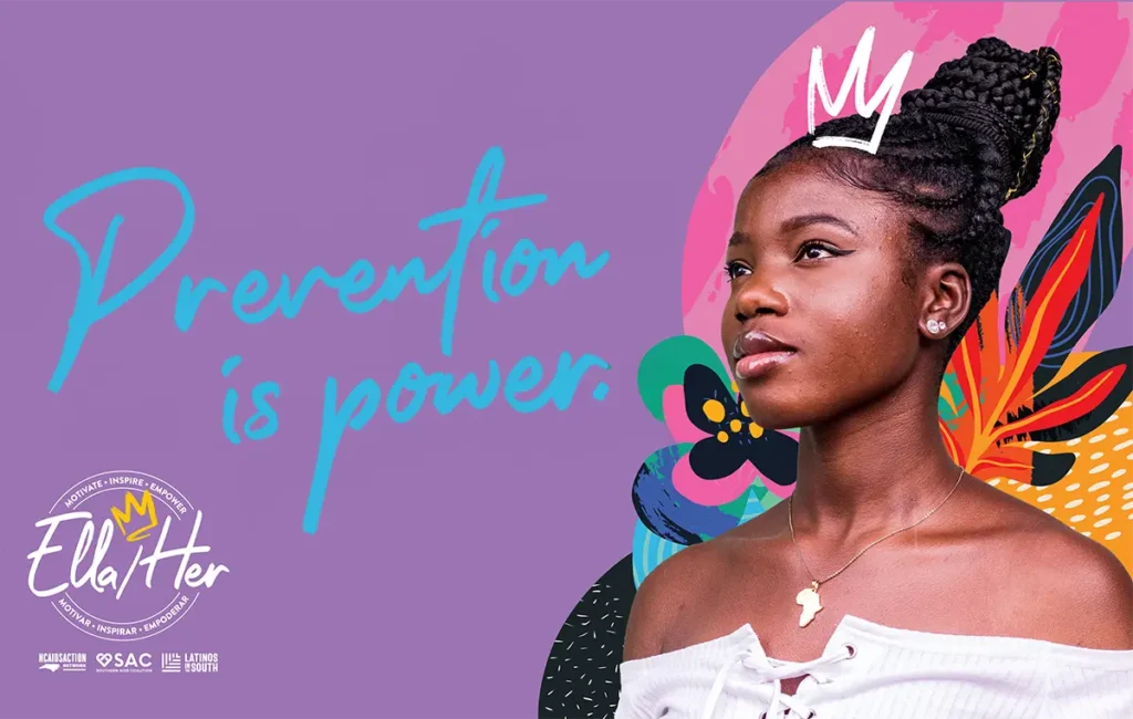 Girl with an illustrated crown on and text that reads "Prevention is power".